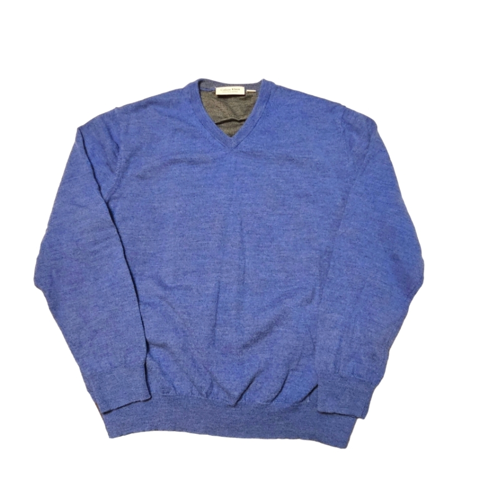 Calvin Klein Women's Large Extra Fine Merino V-Neck Pullover Sweater Blue